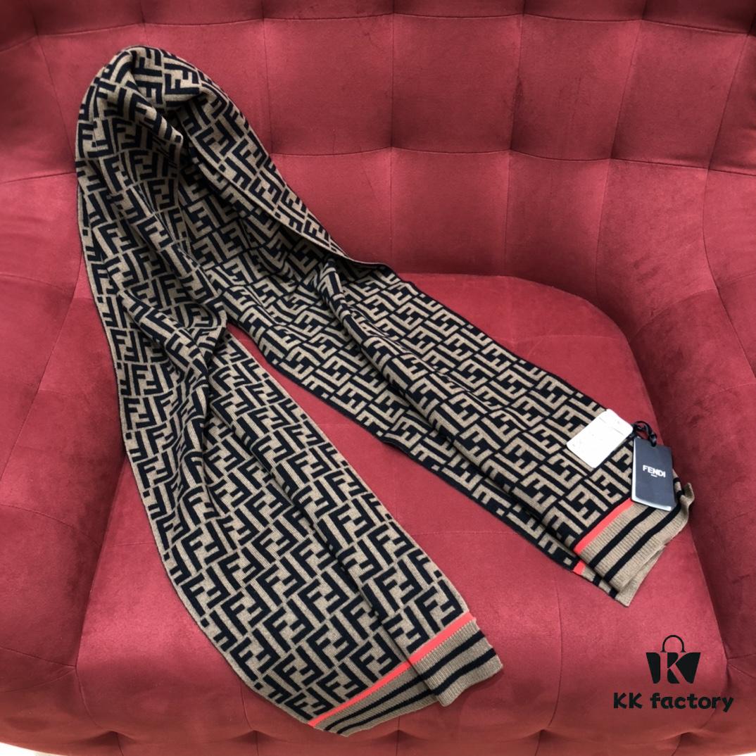 6931a91fccd8ab3d7af9d85a In-Stock Now - Fendi Latest Style FF Collection Small Logo Scarf with Orange Accent 66% Wool 29% Cashmere 190cm*35cm
