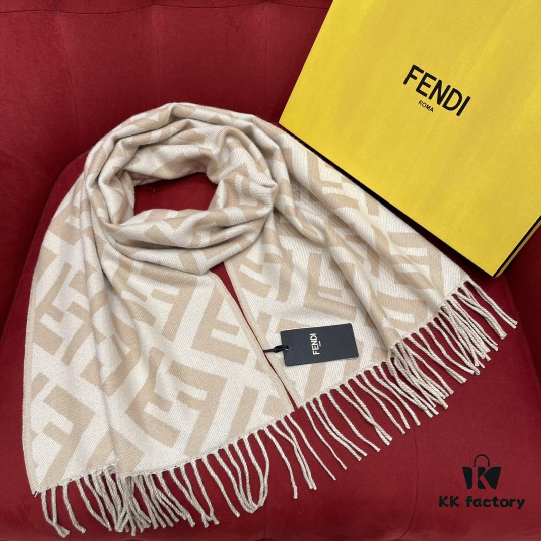 6931a927ccd8ab3d7af9d8d6 New Color Fendi Large Fringe Logo Double-Sided Cashmere Scarf FF Monogram in Perfect Autumn-Winter Hue