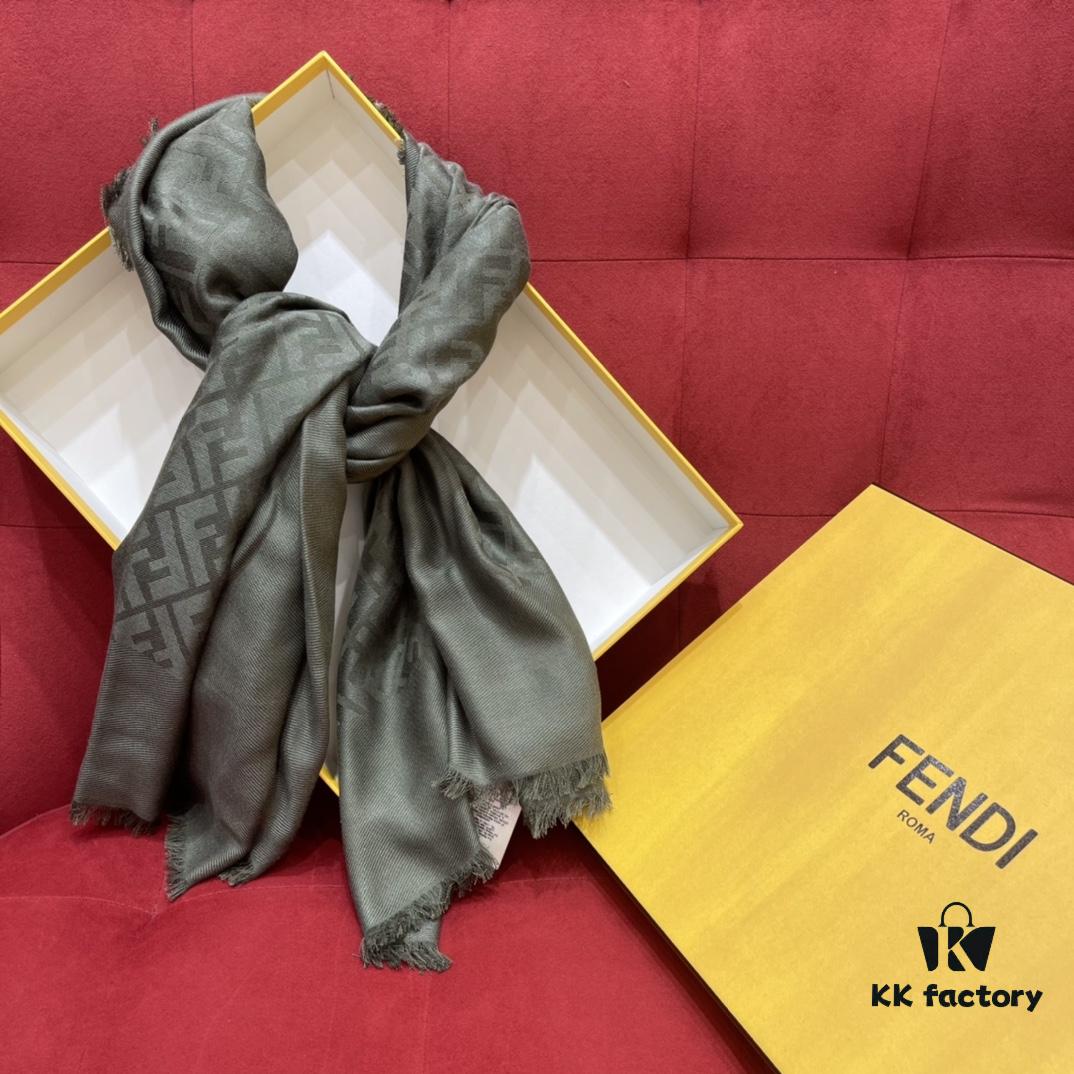 6931a927ccd8ab3d7af9d8df In Stock FENDI Ultra Soft and Smooth Green Shawl/Scarf, Dual-Sided Wear, 140*140cm, 30% Silk 70% Wool, Embossed FF Pattern