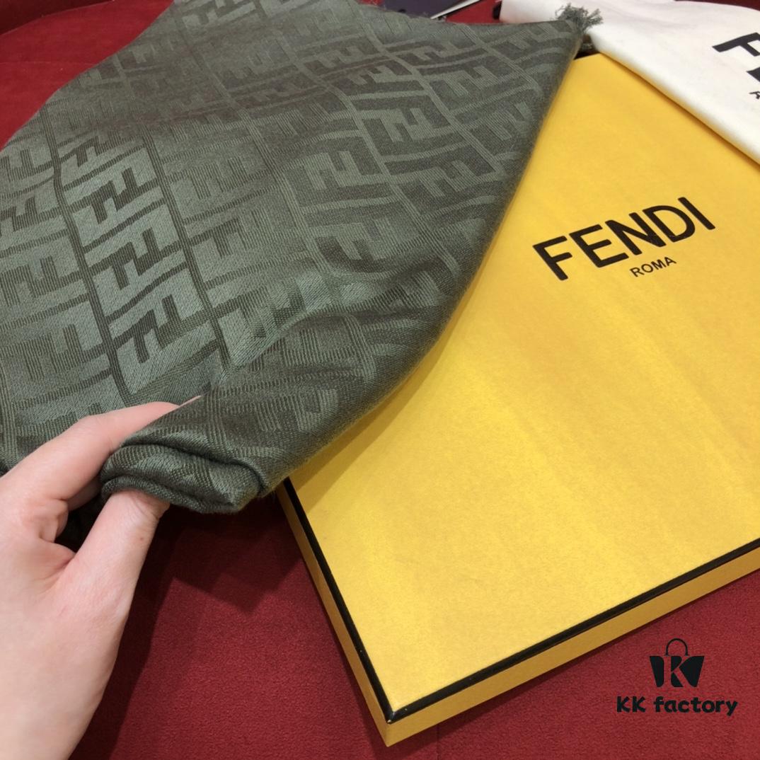6931a928ccd8ab3d7af9d8e0 In Stock FENDI Ultra Soft and Smooth Green Shawl/Scarf, Dual-Sided Wear, 140*140cm, 30% Silk 70% Wool, Embossed FF Pattern