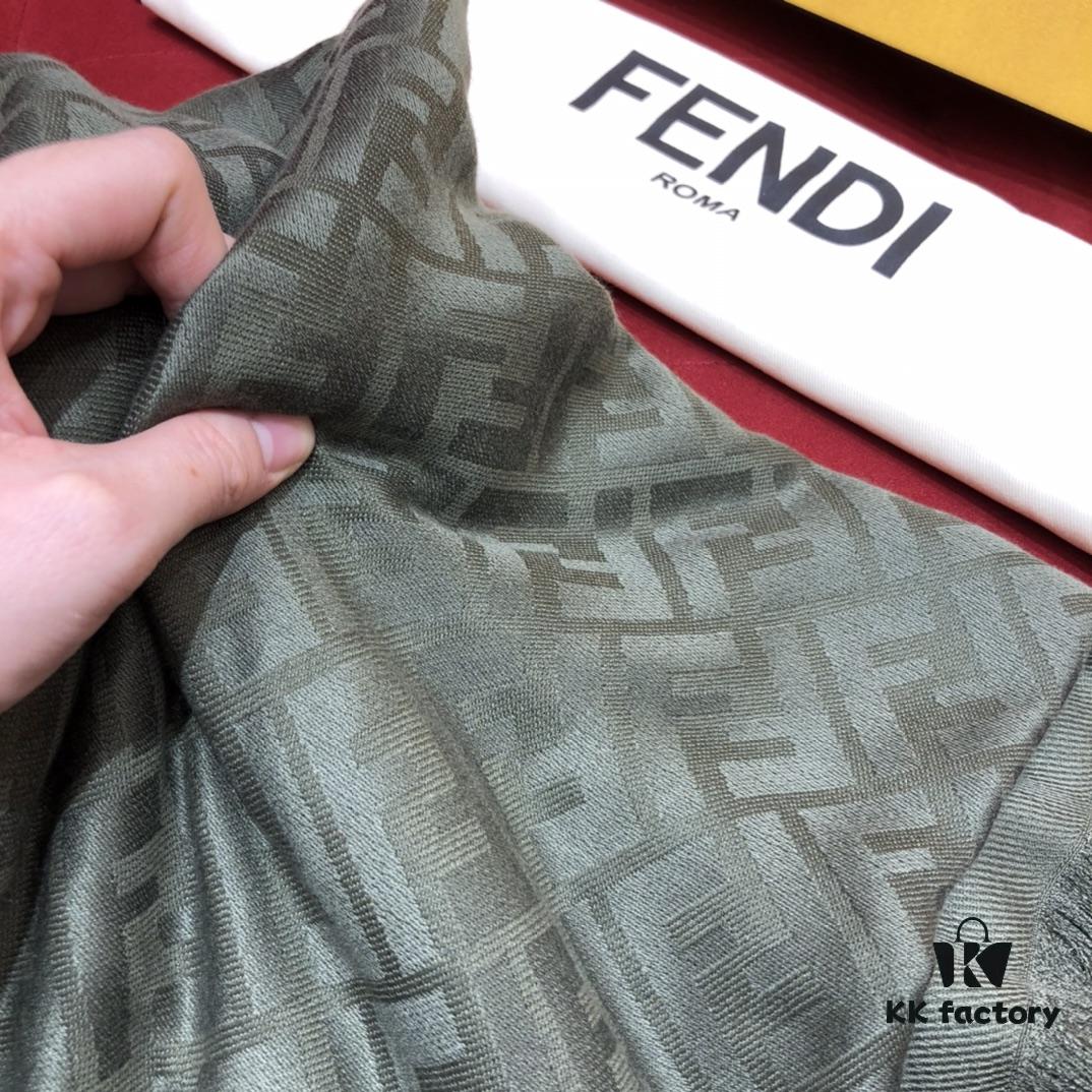 6931a928ccd8ab3d7af9d8e1 In Stock FENDI Ultra Soft and Smooth Green Shawl/Scarf, Dual-Sided Wear, 140*140cm, 30% Silk 70% Wool, Embossed FF Pattern