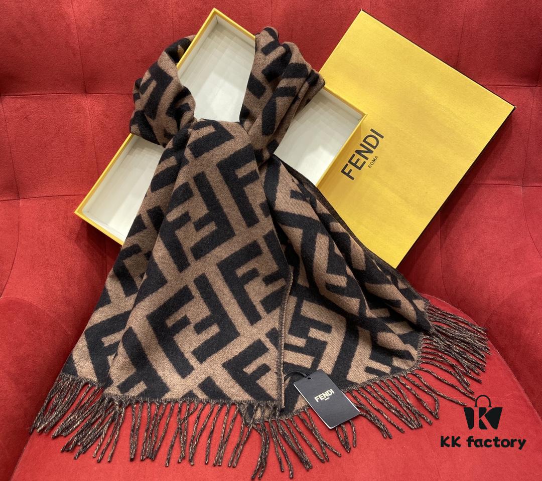 6931a929ccd8ab3d7af9d8f0 Fendi Large Fringe Logo Double-Sided Cashmere Scarf, FF Monogram in Perfect Autumn-Winter Hue