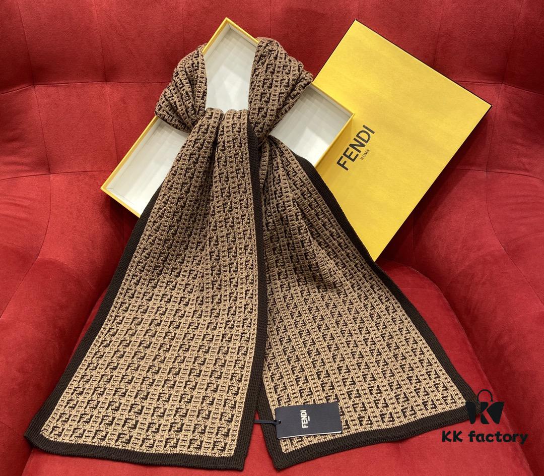 6931a92bccd8ab3d7af9d91d Brown FENDI Woven Wool Scarf 🧣 Timeless FF Monogram Pattern, Soft and Luxurious 100% Pure Wool Fabric, 30*180cm