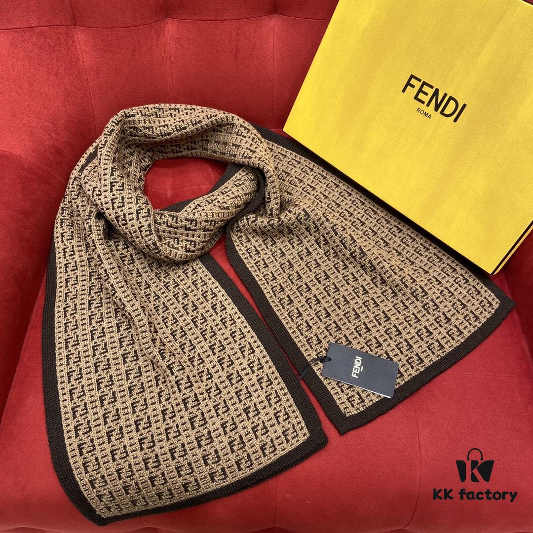 6931a92bccd8ab3d7af9d91e Brown FENDI Woven Wool Scarf 🧣 Timeless FF Monogram Pattern, Soft and Luxurious 100% Pure Wool Fabric, 30*180cm