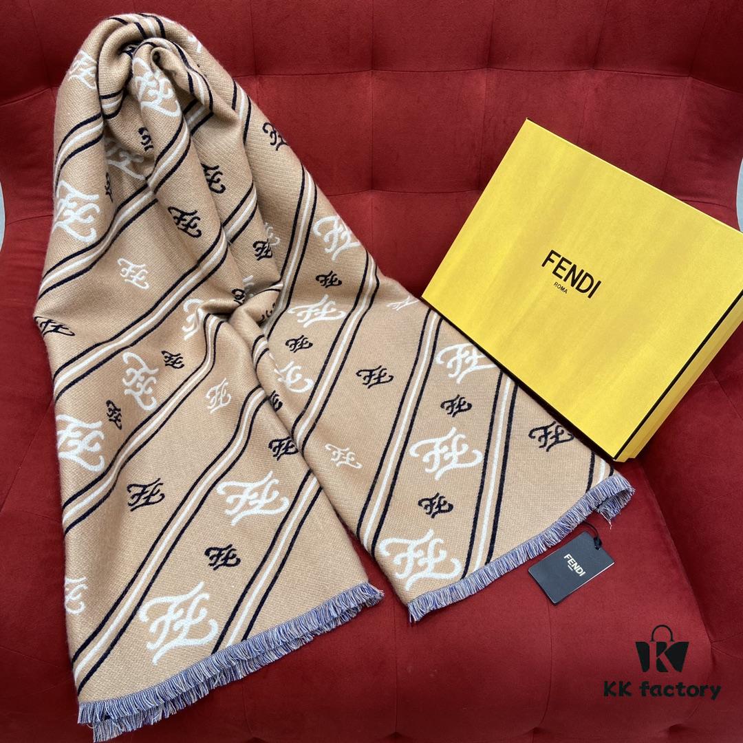 6931a92eccd8ab3d7af9d940 FENDI Double-Sided Novelty Monogram Scarf Shawl - Beige and Navy Blue, 100% Wool, Soft and Warm, 70*180cm