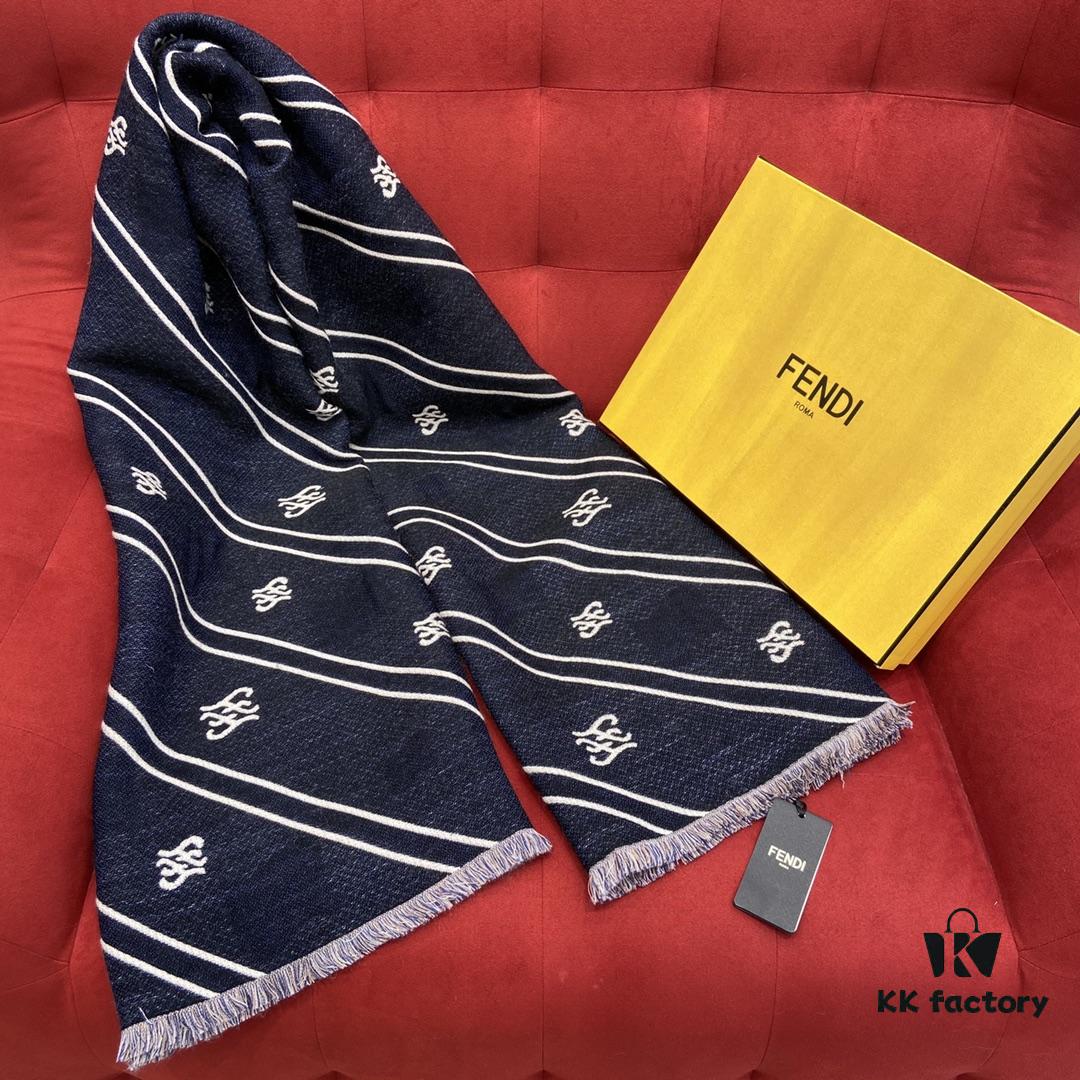 6931a92eccd8ab3d7af9d941 FENDI Double-Sided Novelty Monogram Scarf Shawl - Beige and Navy Blue, 100% Wool, Soft and Warm, 70*180cm