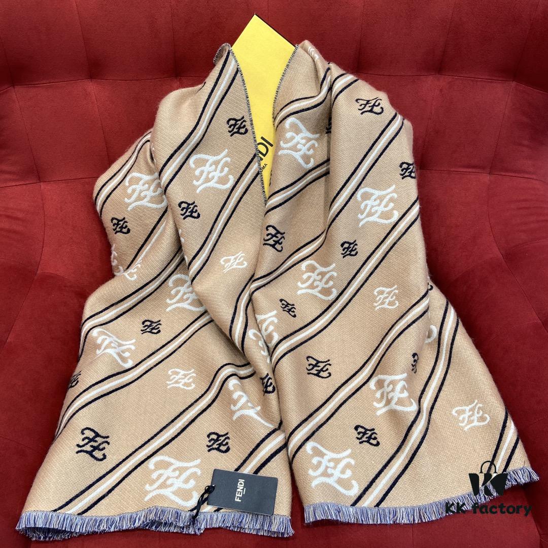 6931a92eccd8ab3d7af9d948 FENDI Double-Sided Novelty Monogram Scarf Shawl - Beige and Navy Blue, 100% Wool, Soft and Warm, 70*180cm