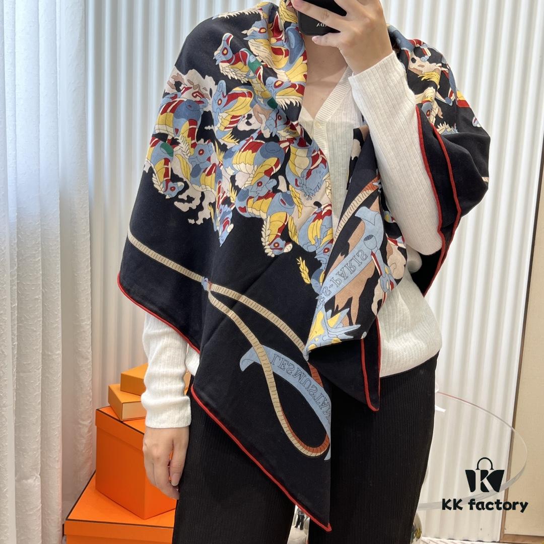 6931a930ccd8ab3d7af9d964 Hermès Classic Beautiful Silk-Wool Square Scarf 140, Hand-Rolled Edges, Premium Herringbone Cashmere Silk Blend