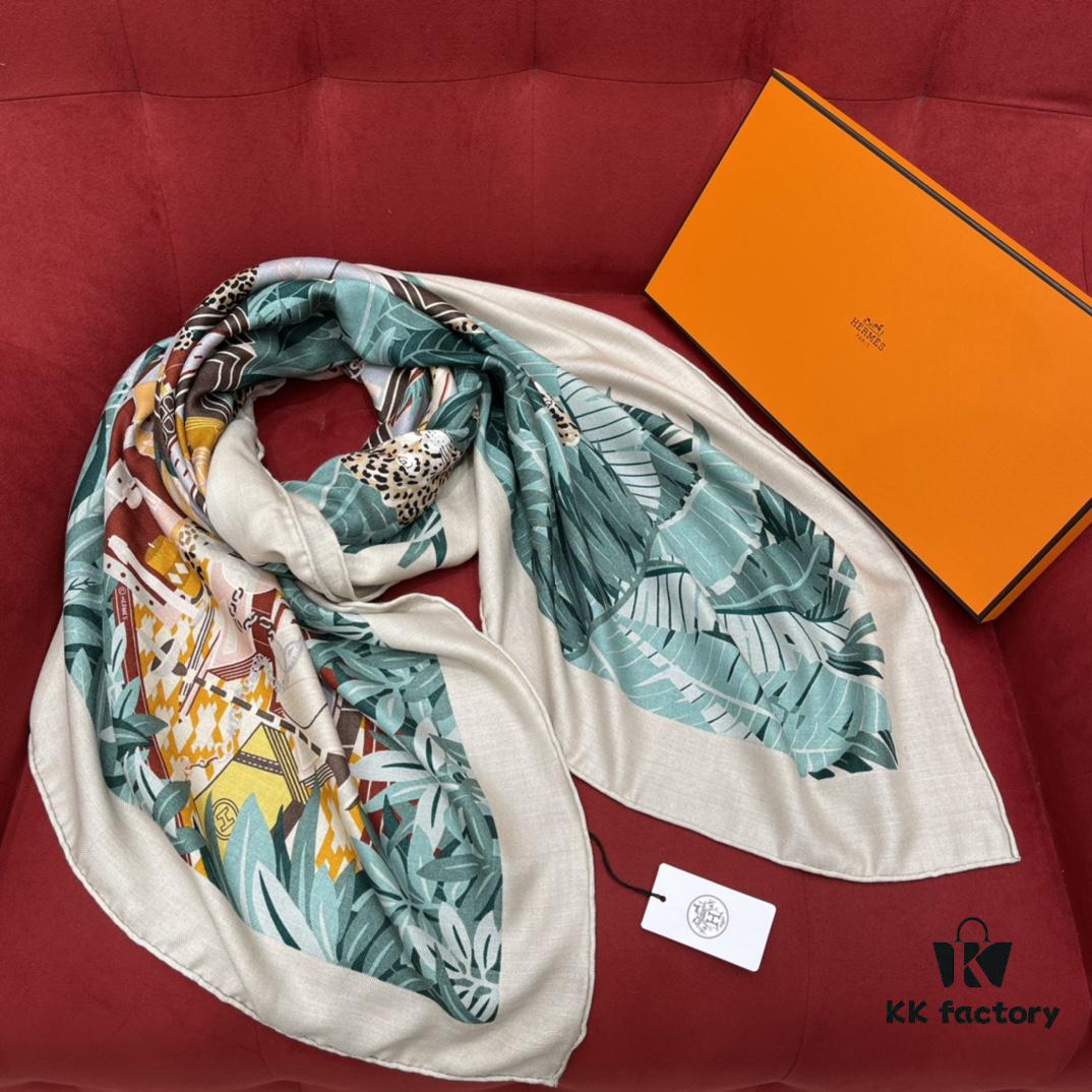6931a932ccd8ab3d7af9d98b Hermes Shawl with Twelve Leopard Motif, 70% Cashmere and 30% Mulberry Silk, Popular 140x140 Size