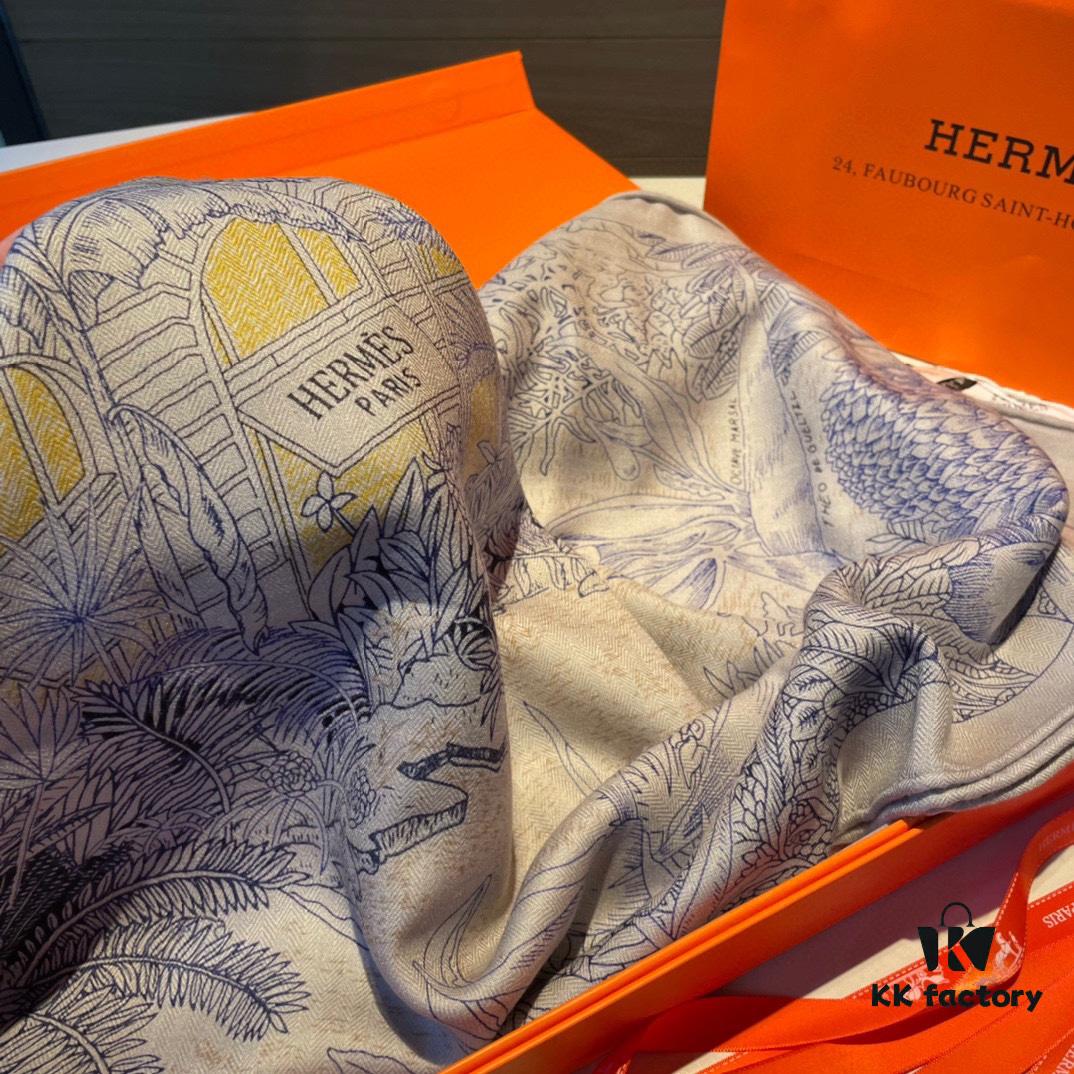 Hermes Rare Garden Sketch Collection Scarf - Exquisite Silk Cashmere Blend, 140x140cm