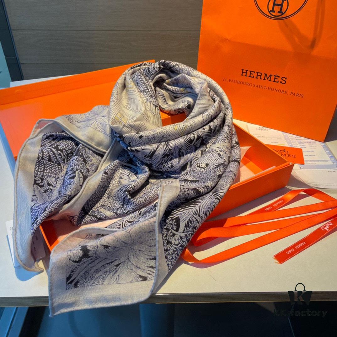Hermes Rare Garden Sketch Collection Scarf - Exquisite Silk Cashmere Blend, 140x140cm