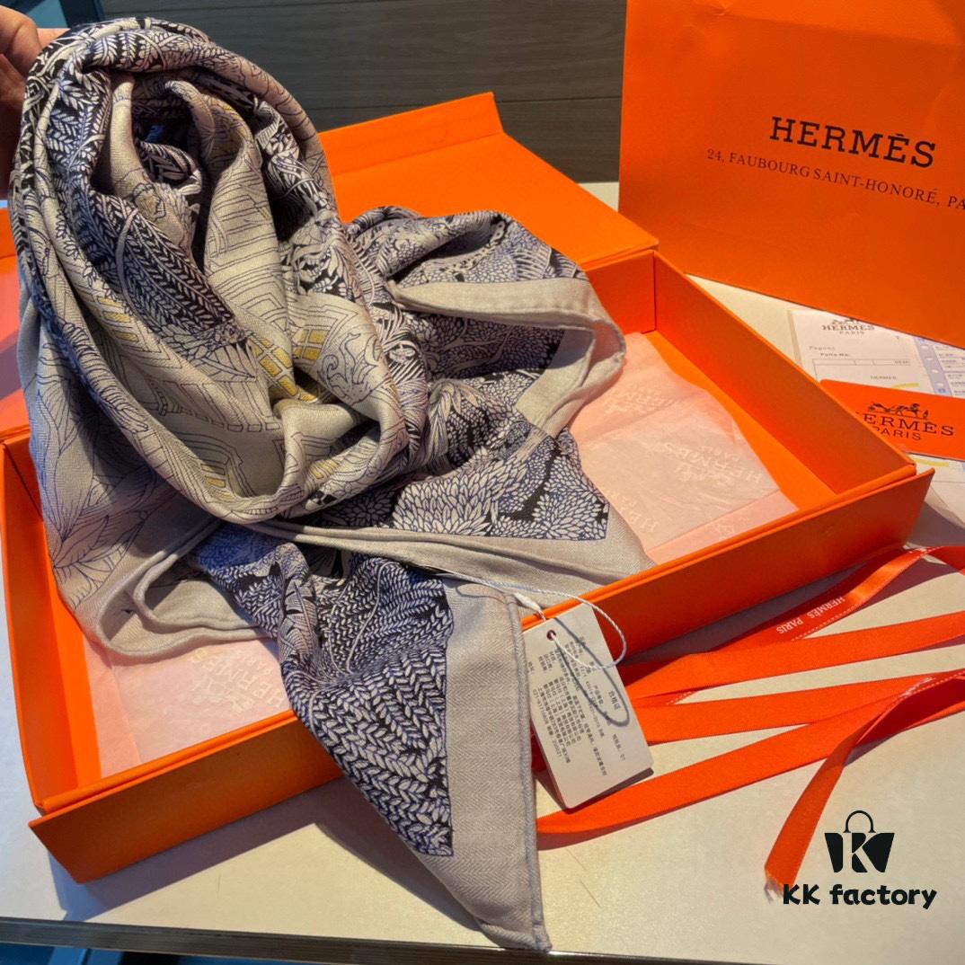 Hermes Rare Garden Sketch Collection Scarf - Exquisite Silk Cashmere Blend, 140x140cm
