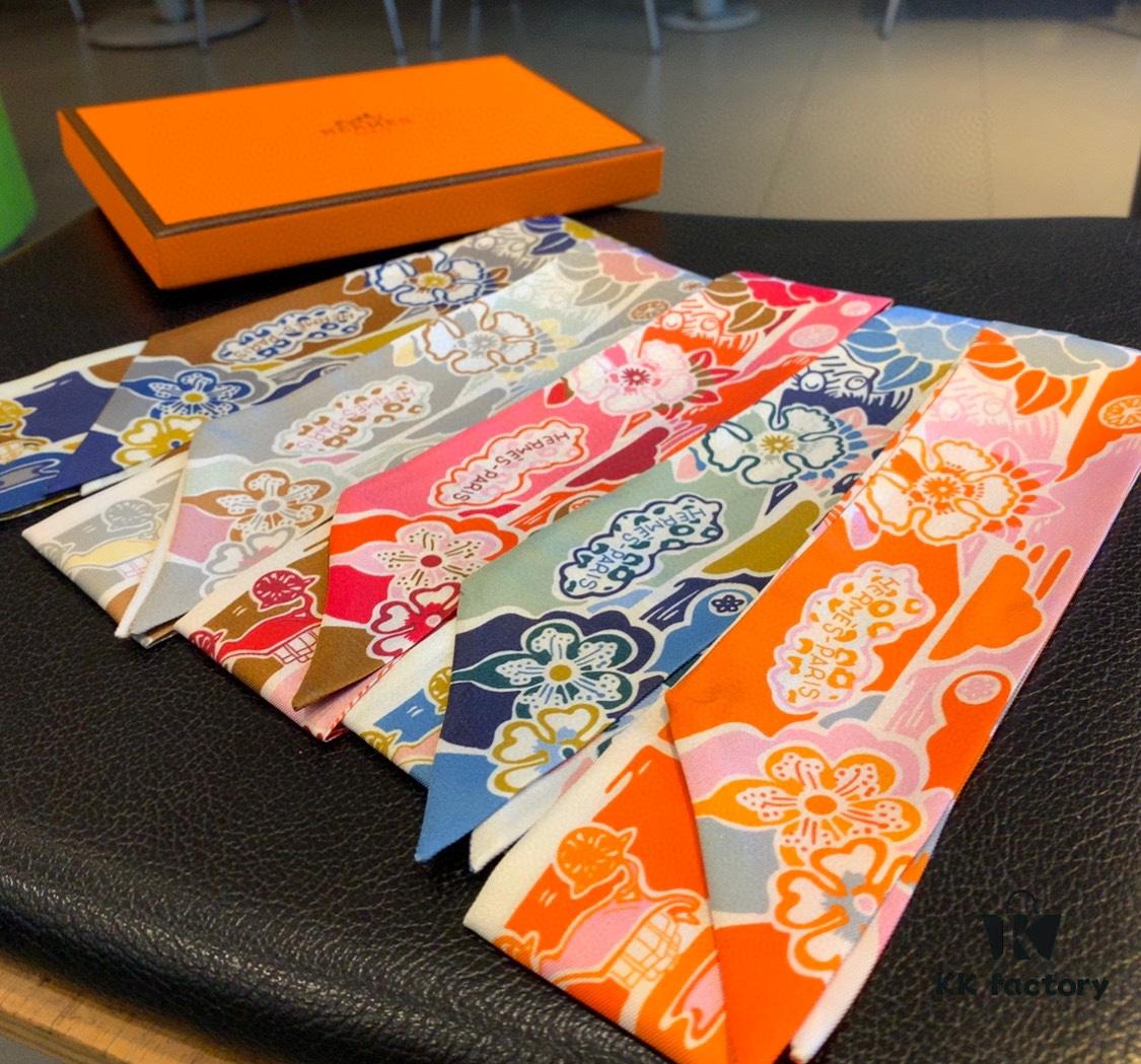 6931a944ccd8ab3d7af9daa9 New Arrival, 'Bingata' Red Pattern Dyed Hermès Heavyweight Twill Silk Twilly Scarf, Authentic Edition, Counter Synchronized