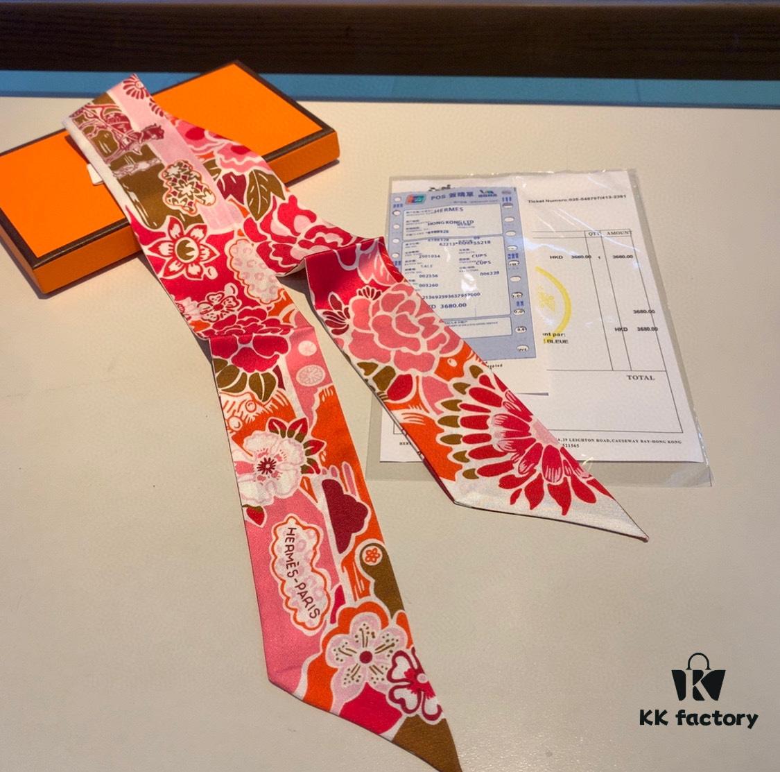 6931a944ccd8ab3d7af9daab New Arrival, 'Bingata' Red Pattern Dyed Hermès Heavyweight Twill Silk Twilly Scarf, Authentic Edition, Counter Synchronized