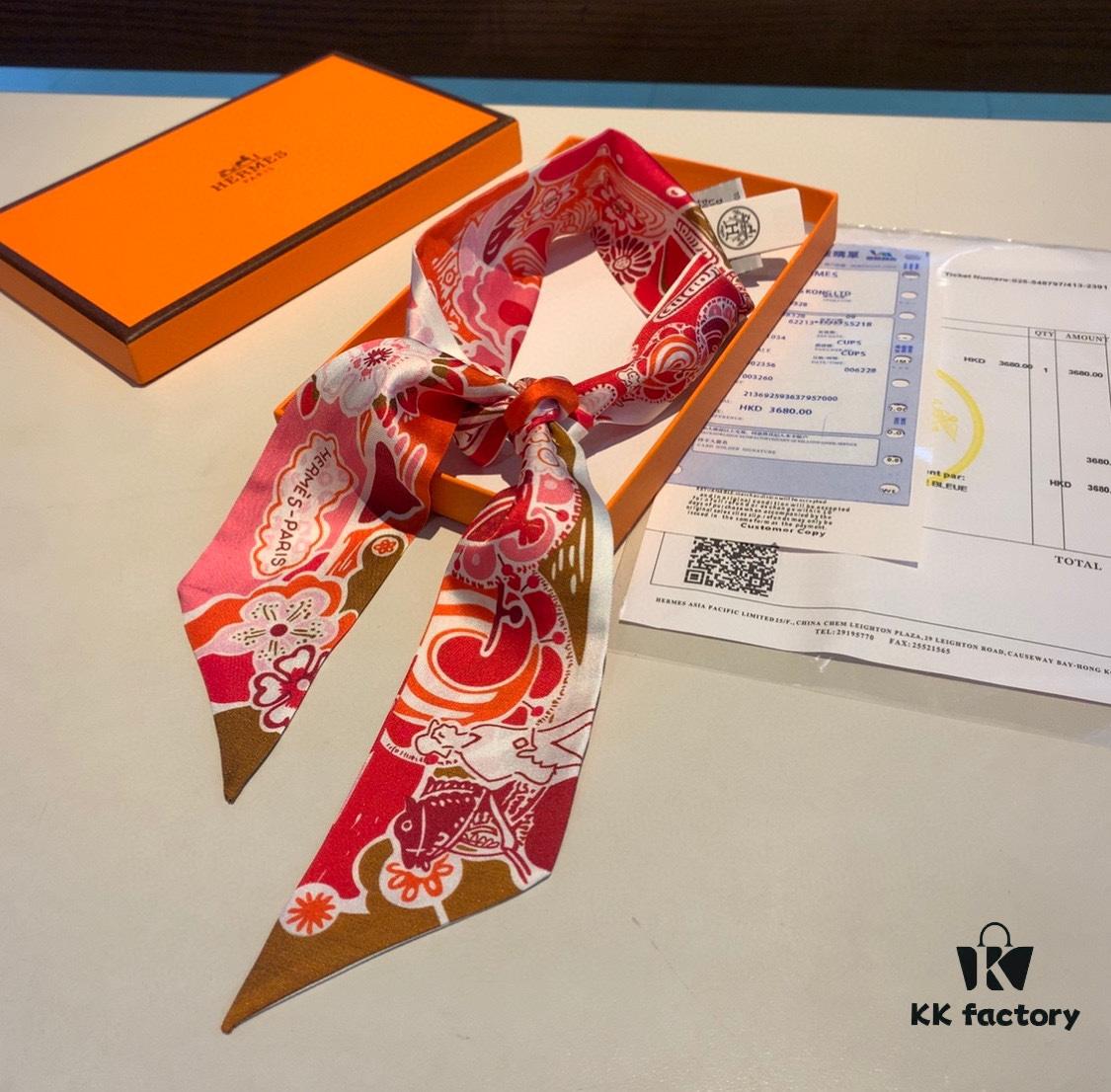 6931a944ccd8ab3d7af9daad New Arrival, 'Bingata' Red Pattern Dyed Hermès Heavyweight Twill Silk Twilly Scarf, Authentic Edition, Counter Synchronized