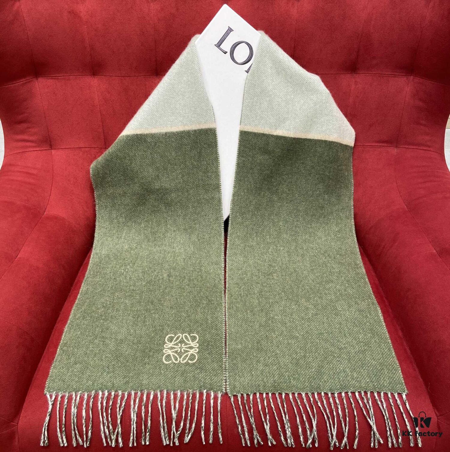 6931a960ccd8ab3d7af9dc41 Light Green and Gray Patchwork LOEWE Classic Unisex Scarf – Winter Must-Have – 90% Wool and 10% Cashmere, Warm and Soft, 30x180CM