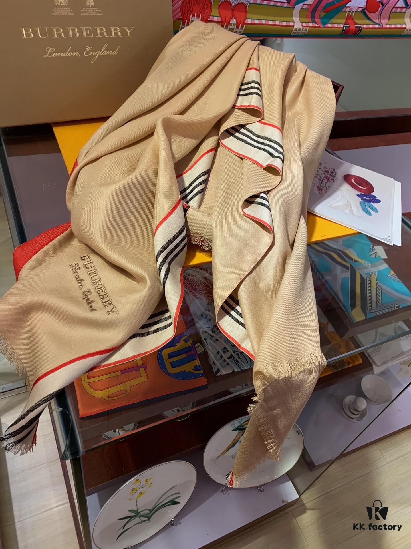 Burberry New Scarf – Elegant Solid Color with Subtle Stripes, Silk-Cashmere Blend, Lightweight and Warm