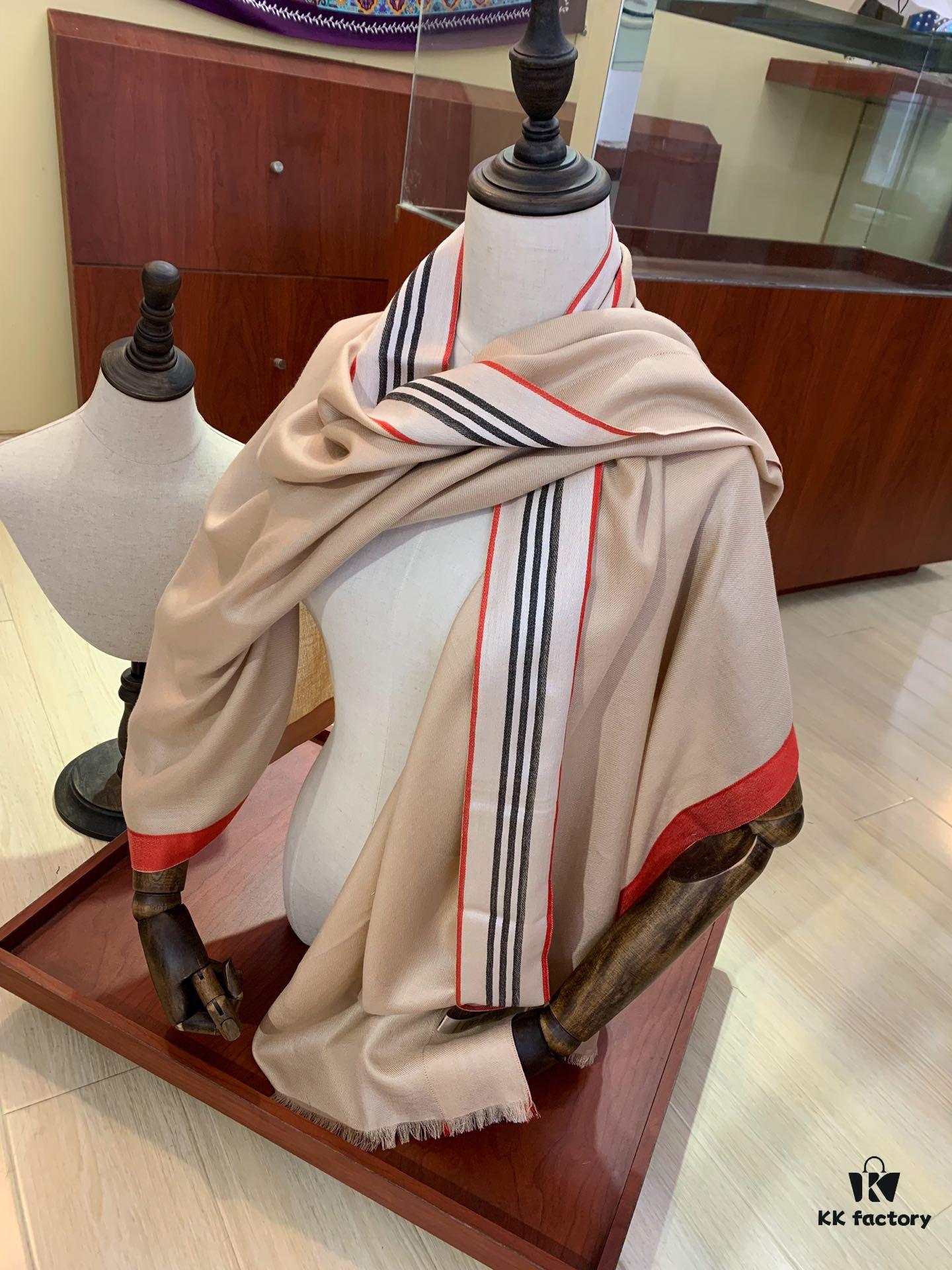 Burberry New Scarf – Elegant Solid Color with Subtle Stripes, Silk-Cashmere Blend, Lightweight and Warm