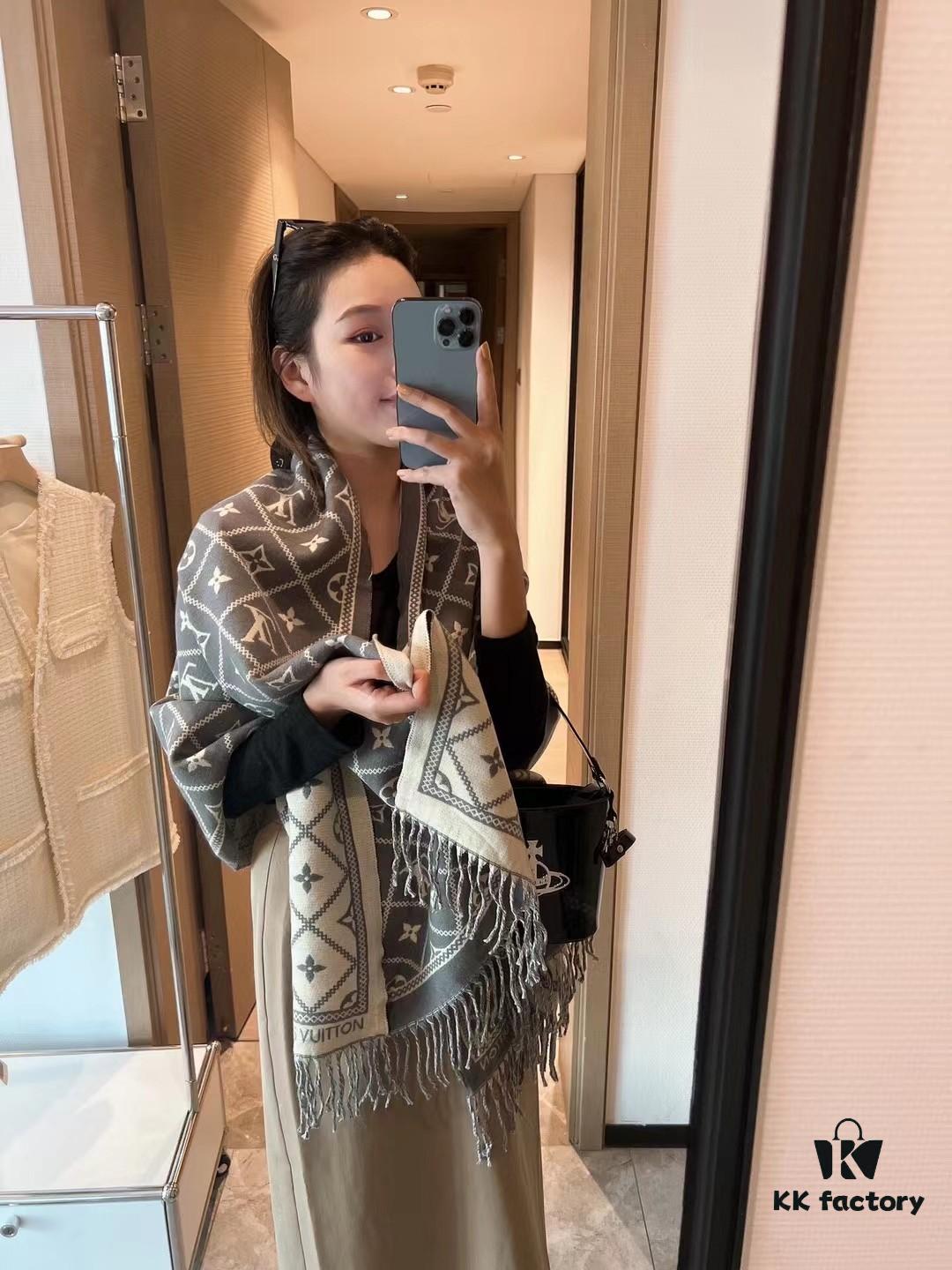 6931a97fccd8ab3d7af9de39 LV Checkered All-Over Double-Sided Cashmere Scarf in Gray