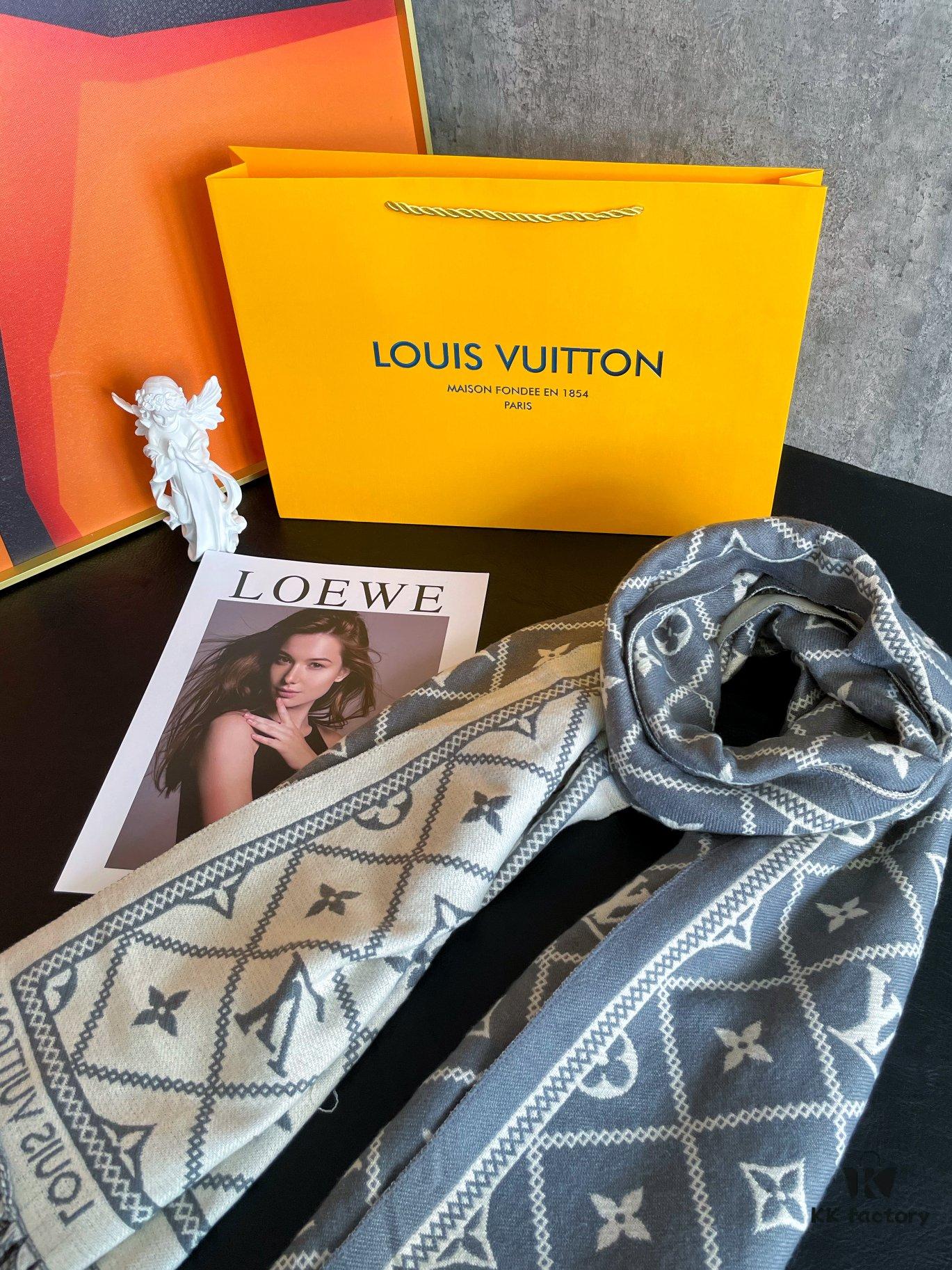 6931a97fccd8ab3d7af9de3a LV Checkered All-Over Double-Sided Cashmere Scarf in Gray