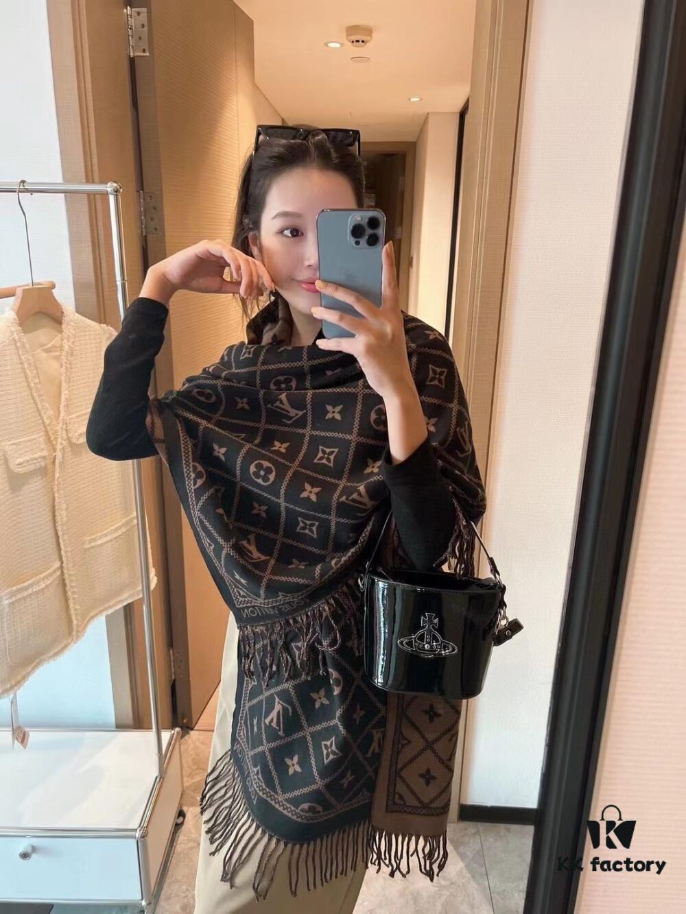 LV Monogram Double-Sided Cashmere Scarf in Black