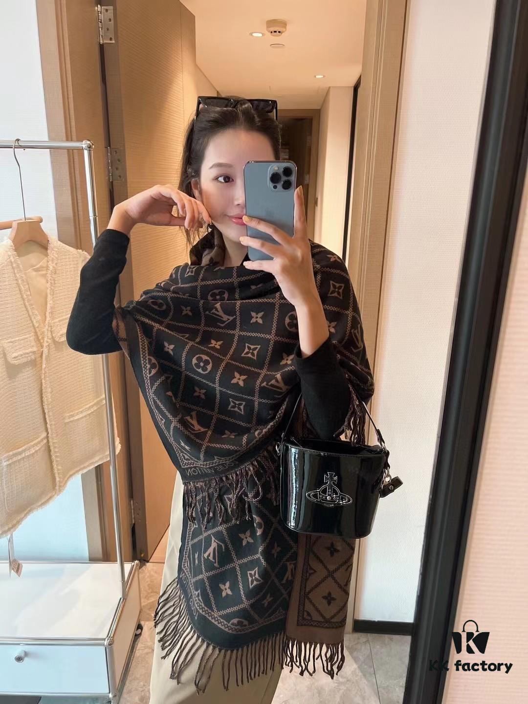 6931a980ccd8ab3d7af9de42 LV Monogram Double-Sided Cashmere Scarf in Black