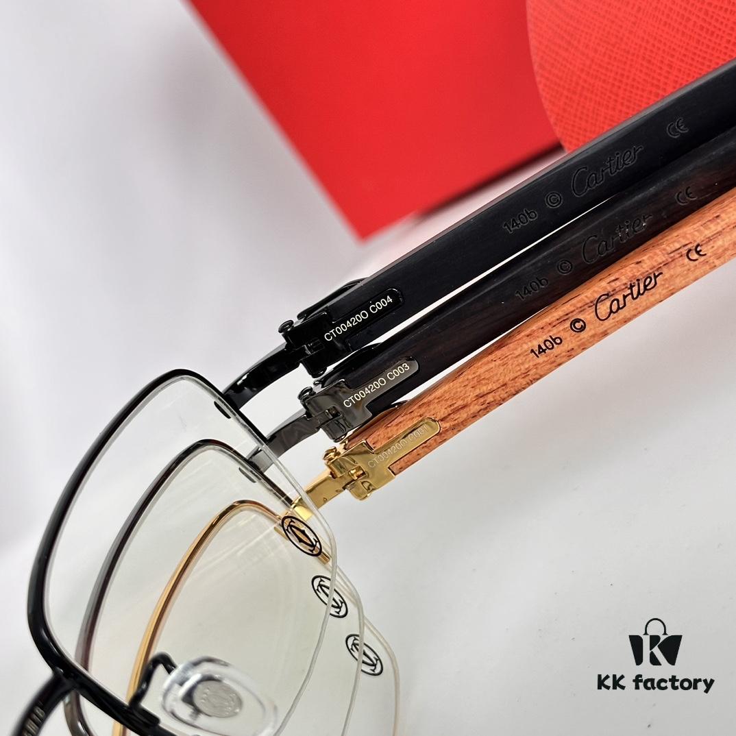 Cartier CT00420O Metal Spring Temple Wood Tips Optical Eyeglasses for Prescription, Size: 55-18-140