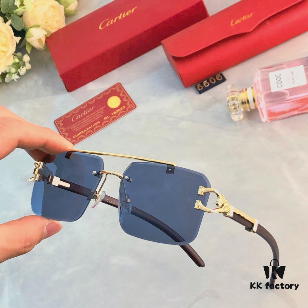 6931aca0ccd8ab3d7afa0f04 Cartier Wood Texture Panther Decor Frameless Horizontal Square Sunglasses, Fashionable Retro Gradient Sunglasses for Street Snap