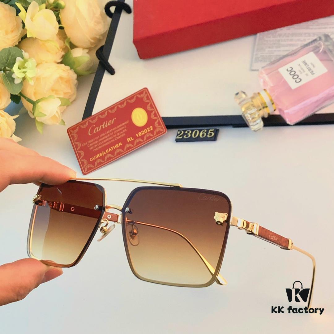 6931aca8ccd8ab3d7afa0f7a Cartier Korean-style Fashionable Minimalist Rimless Cut-out Sunglasses, Unisex Double Bridge with Wooden Temple, Vintage Sun Protection Shades