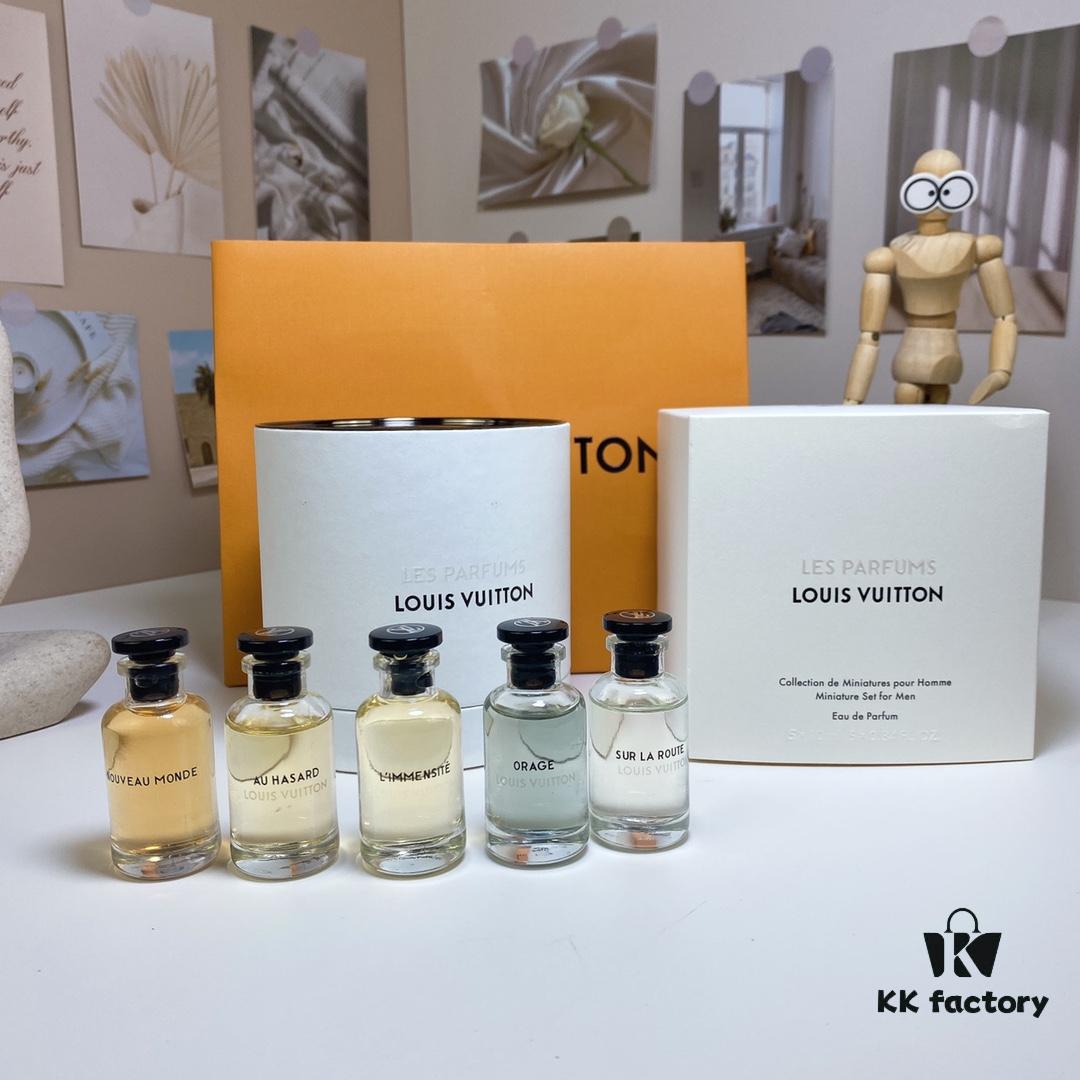 6931afa4ccd8ab3d7afa39d2 Louis Vuitton Men's Perfume Set of 5 (10ml each), Cylindrical Packaging, Includes Official Store Shopping Bag, No Spray Nozzles, Polished Bottles
