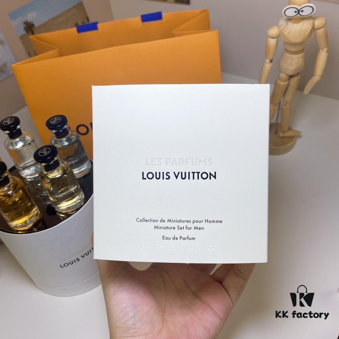6931afa4ccd8ab3d7afa39d6 Louis Vuitton Men's Perfume Set of 5 (10ml each), Cylindrical Packaging, Includes Official Store Shopping Bag, No Spray Nozzles, Polished Bottles