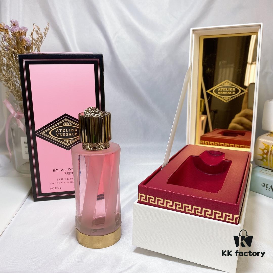 6931f4863a89a121ed54654b Versace 2020 New Pink Bottle Rose Perfume 100ml, Premium Wooden Box Packaging