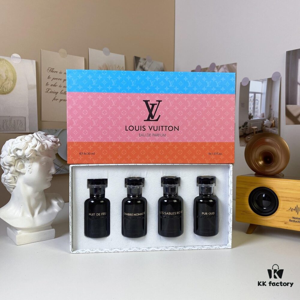 6931f5063a89a121ed546c6b Louis Vuitton LV Black Bottle Limited Edition Travel Set of Four 30ml x 4 with Sprayers, Including Night Fire, Floating Shadow, Saabo Rose, Pure Oud