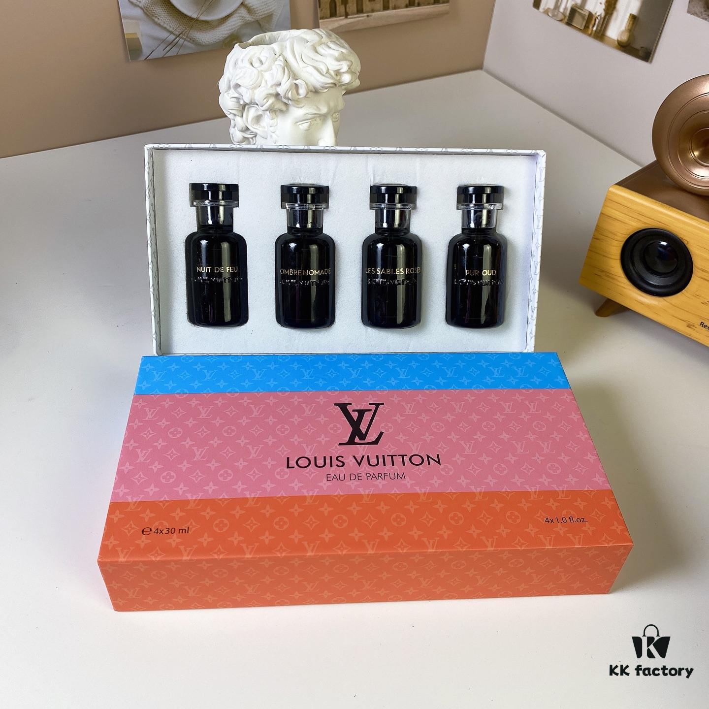6931f5063a89a121ed546c6c Louis Vuitton LV Black Bottle Limited Edition Travel Set of Four 30ml x 4 with Sprayers, Including Night Fire, Floating Shadow, Saabo Rose, Pure Oud