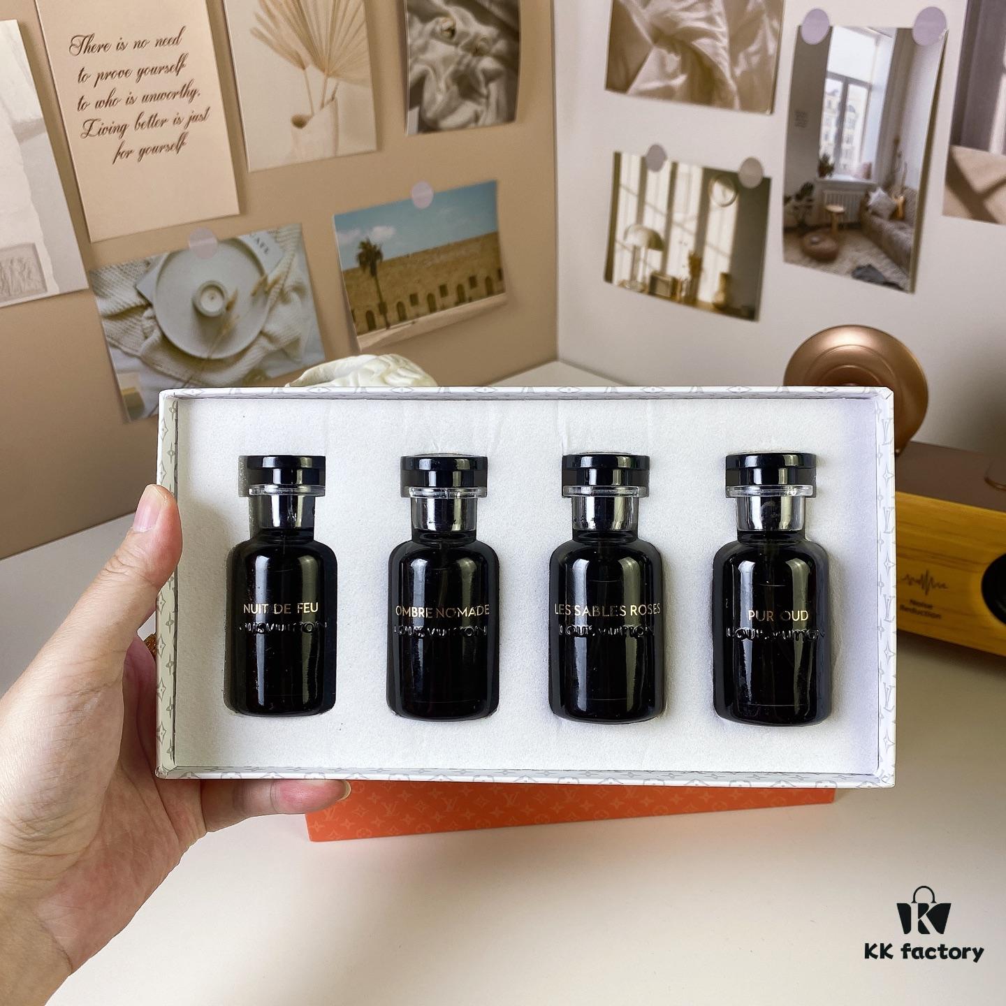 6931f5063a89a121ed546c6d Louis Vuitton LV Black Bottle Limited Edition Travel Set of Four 30ml x 4 with Sprayers, Including Night Fire, Floating Shadow, Saabo Rose, Pure Oud