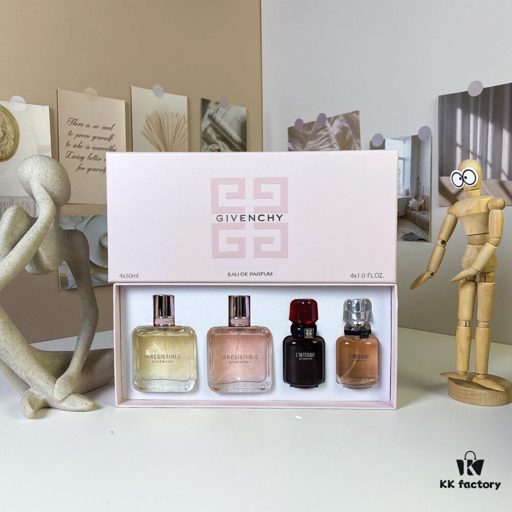 Givenchy L'Interdit Full Harmony Mini Set 4-Piece 30ml×4 with Spray Nozzles, Including: Pink Irresistible Eau de Toilette, Intense Irresistible, Intense L'Interdit, Red L'Interdit