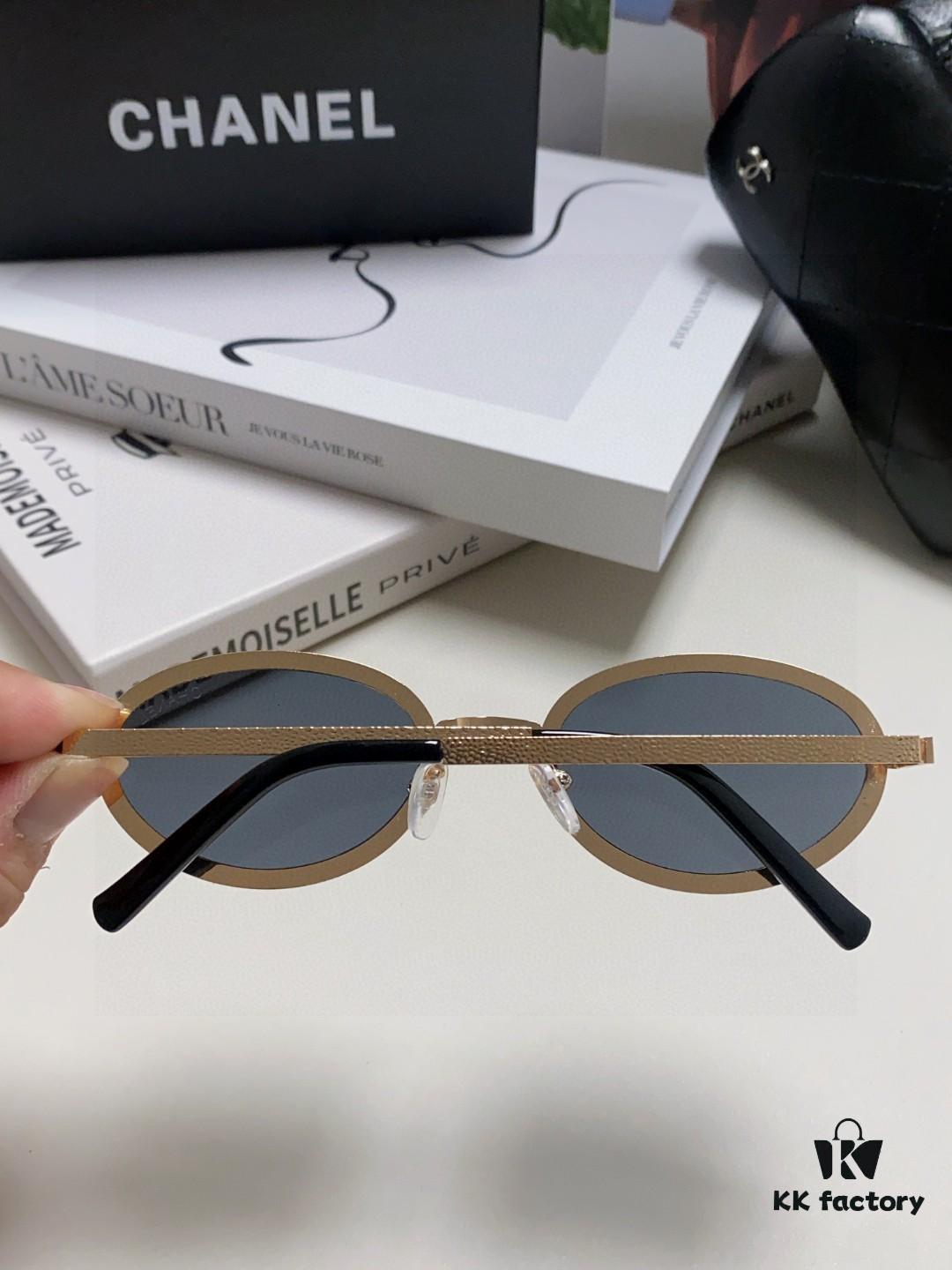 Chanel 2025 New Arrival Women's Oval Sunglasses, French Vintage Style, Flattering for Round Faces, Slim Frame with Sparkling Metal Trim, Elegant European Design