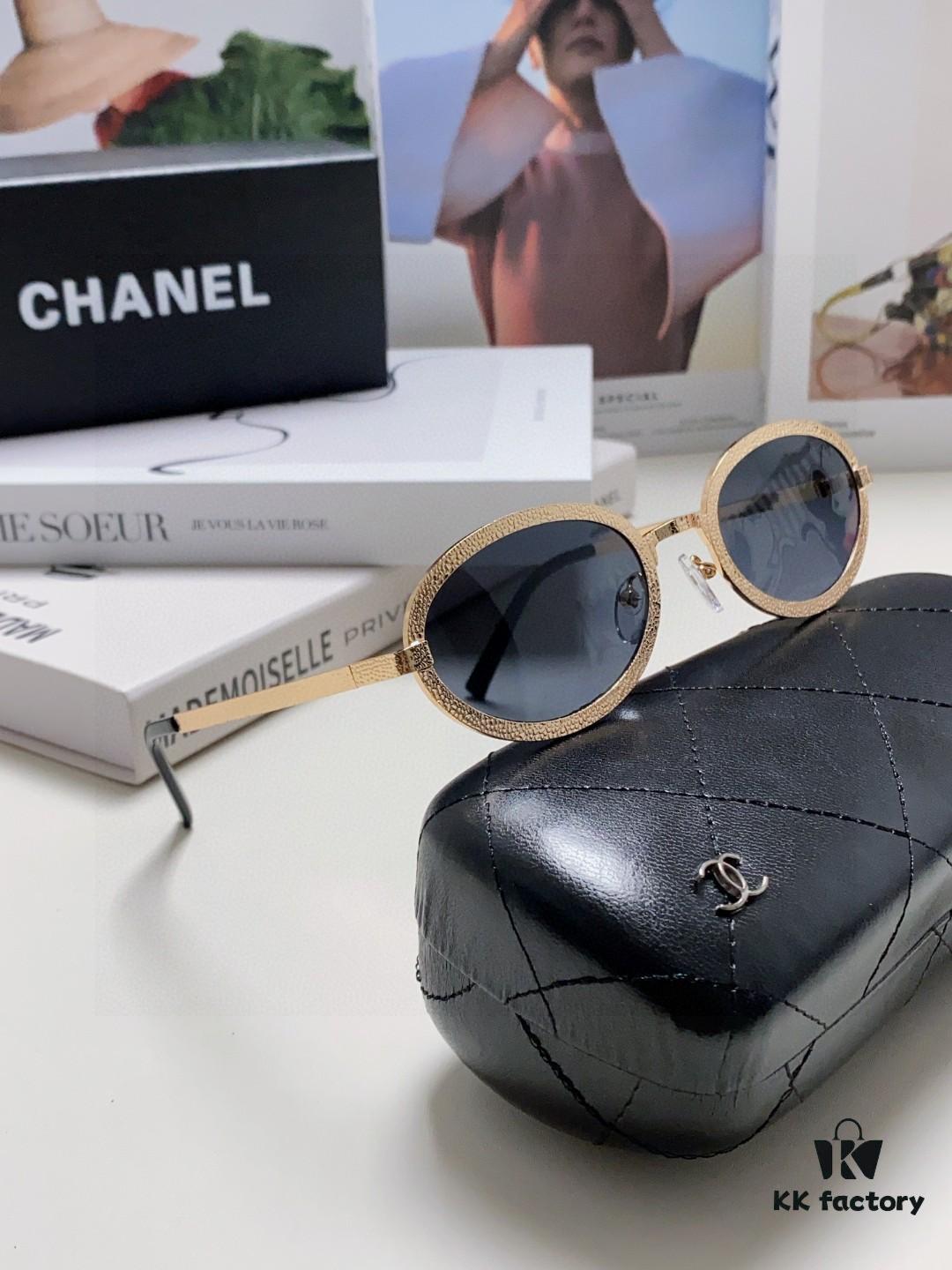 Chanel 2025 New Arrival Women's Oval Sunglasses, French Vintage Style, Flattering for Round Faces, Slim Frame with Sparkling Metal Trim, Elegant European Design
