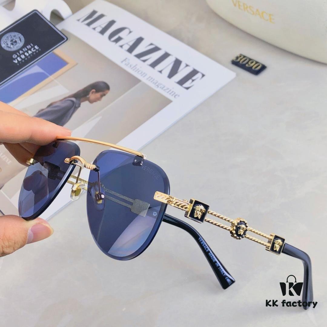 Versace European and American Style Double-Bridge Frameless Sunglasses, INS High-End Fashionable Influencer Street Snap Frog Sunglasses