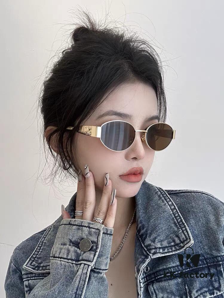 6931fb023a89a121ed54bc0f Celine Cat-Eye Sunglasses for Women, 2024 New Arrival, High-End Metal Frame, Small Oval Retro Style, Brown Tinted Sun Glasses