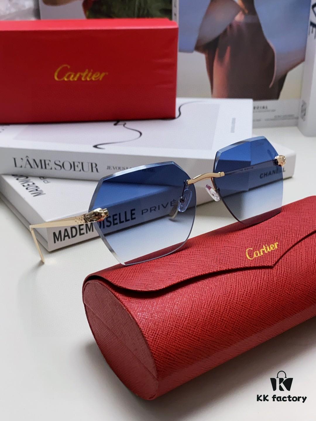 Cartier 2025 New Frameless Sunglasses for Women, Classic Leopard Print Temples, Diamond-Cut Edges, Gradient Lenses, Oversized Luxury Sunglasses
