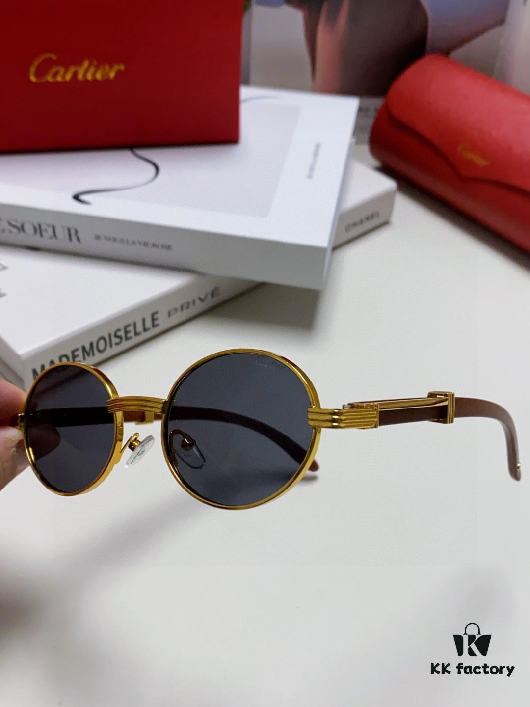Cartier 2025 New Vintage-Style Wooden Texture Round Sunglasses, Fashionable UV-Protective Unisex Sun Glasses Model CT0464S