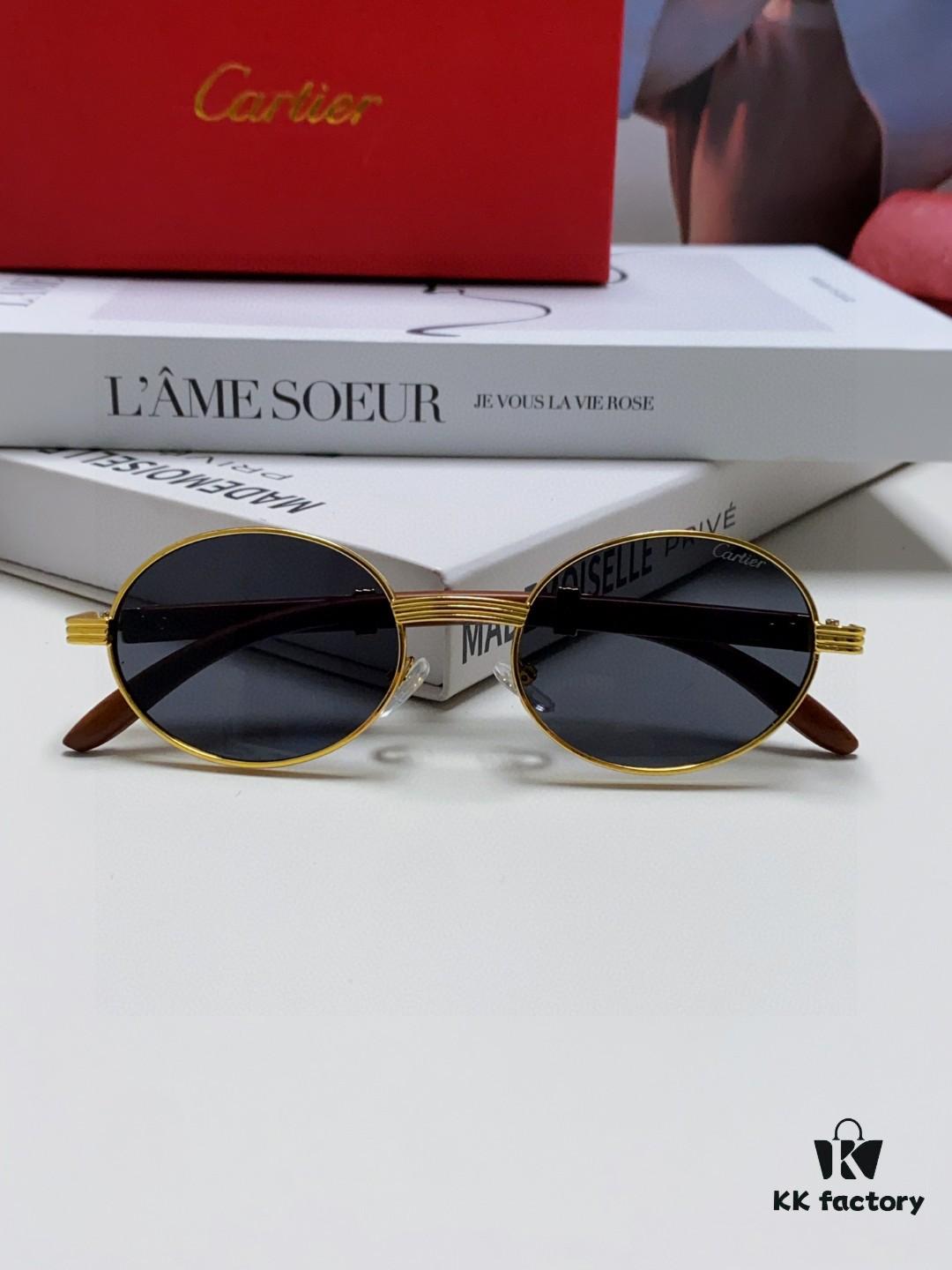 Cartier 2025 New Vintage-Style Wooden Texture Round Sunglasses, Fashionable UV-Protective Unisex Sun Glasses Model CT0464S