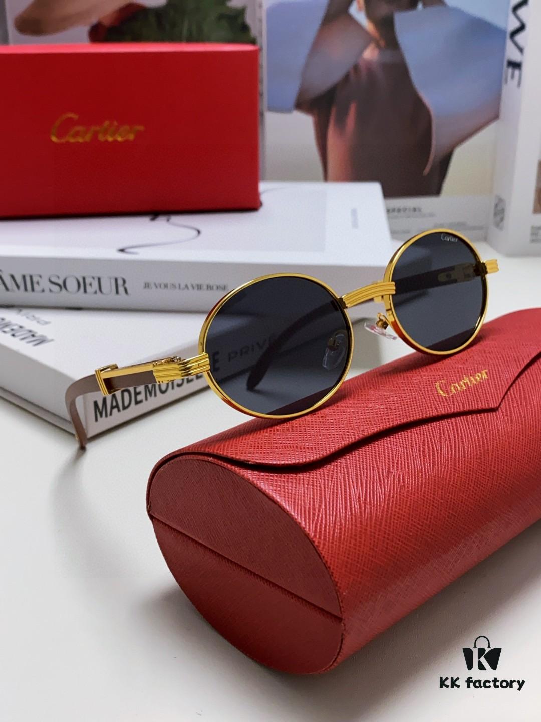 Cartier 2025 New Vintage-Style Wooden Texture Round Sunglasses, Fashionable UV-Protective Unisex Sun Glasses Model CT0464S