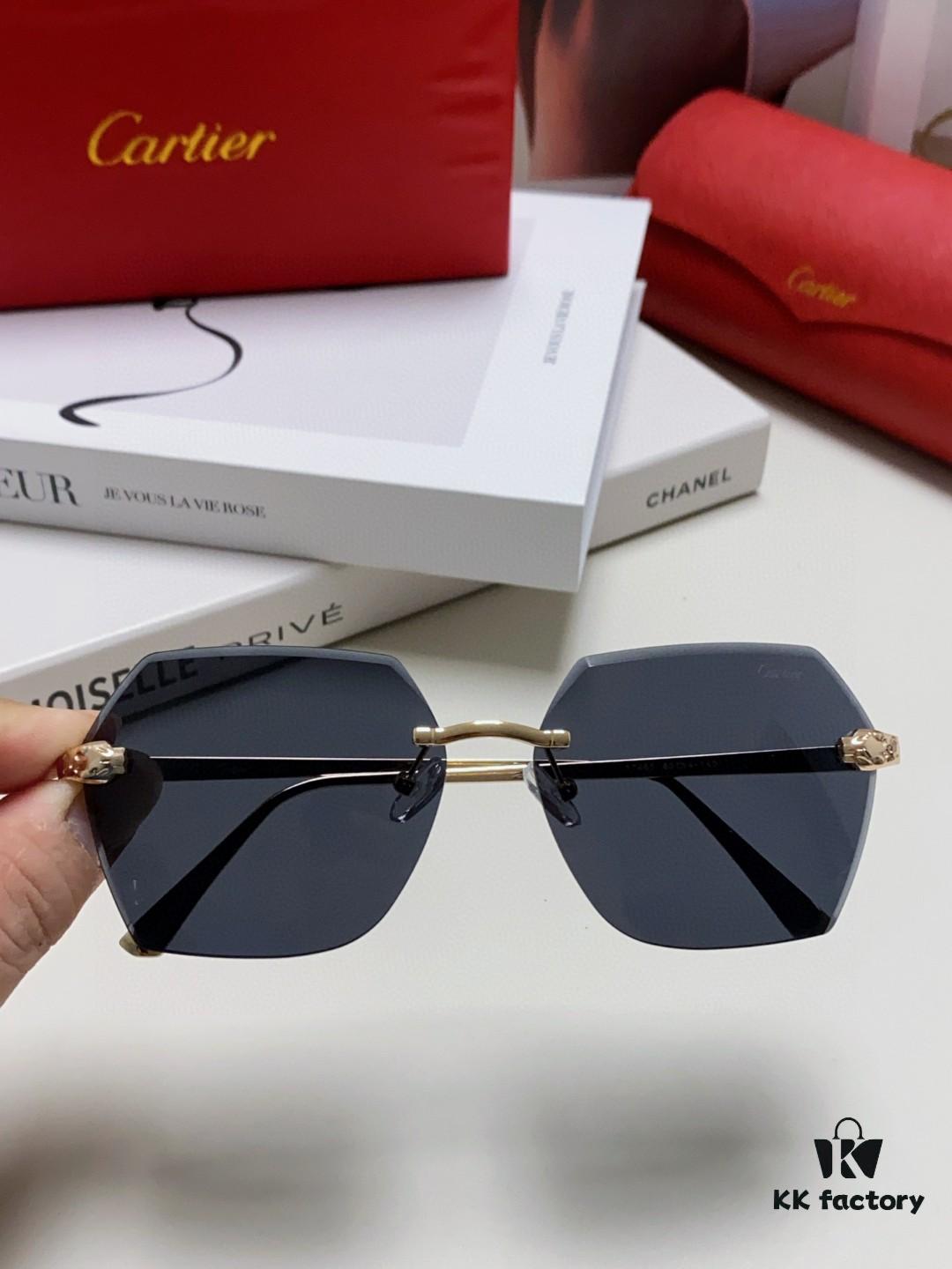 Cartier 2024 New Frameless Sunglasses for Women, Classic Leopard Print Temples, Diamond-Cut Edges, Gradient Lenses, Oversized Luxury Sunglasses