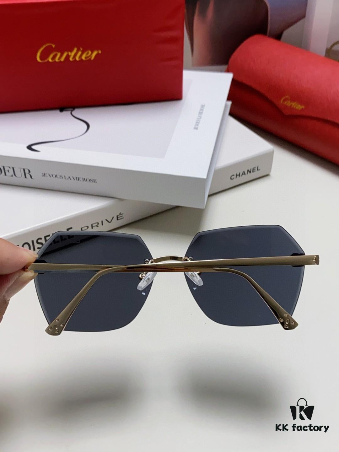 Cartier 2024 New Frameless Sunglasses for Women, Classic Leopard Print Temples, Diamond-Cut Edges, Gradient Lenses, Oversized Luxury Sunglasses