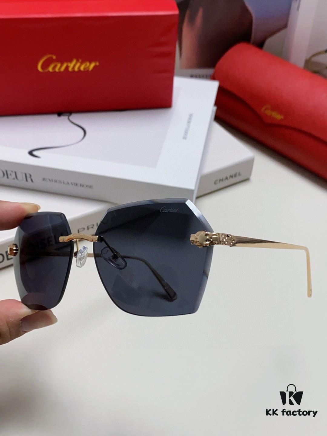 Cartier 2024 New Frameless Sunglasses for Women, Classic Leopard Print Temples, Diamond-Cut Edges, Gradient Lenses, Oversized Luxury Sunglasses