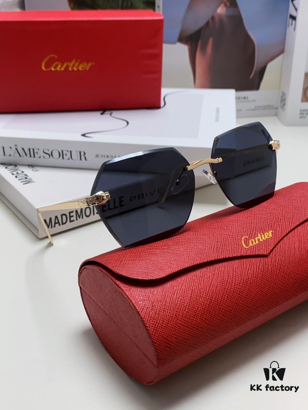 Cartier 2024 New Frameless Sunglasses for Women, Classic Leopard Print Temples, Diamond-Cut Edges, Gradient Lenses, Oversized Luxury Sunglasses