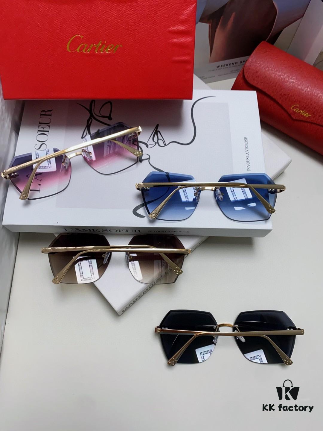Cartier 2024 New Frameless Sunglasses for Women, Classic Leopard Print Temples, Diamond-Cut Edges, Gradient Lenses, Oversized Luxury Sunglasses