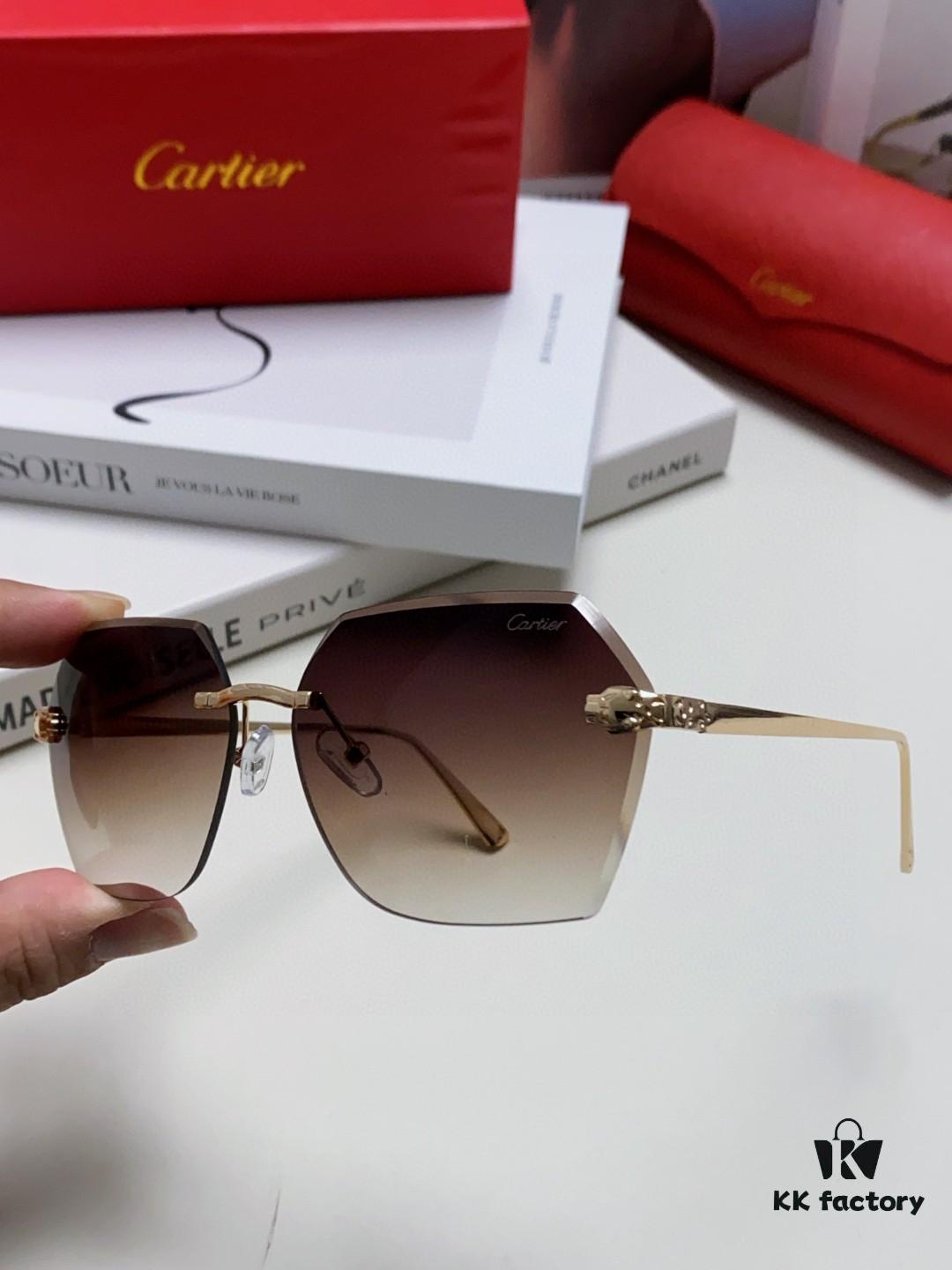 6931fb763a89a121ed54c22a Cartier 2024 New Collection Frameless Sunglasses for Women, Classic Leopard-Print Temples, Diamond-Cut Edges, Premium Gradient Lenses, Oversized Sun Glasses